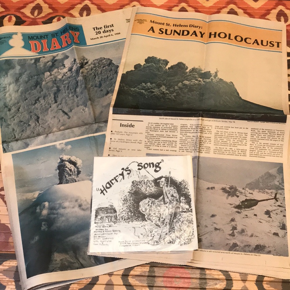 Vintage Mt St Helen’s Eruption Newspaper and Harry’s Song 45rpm Record 1980